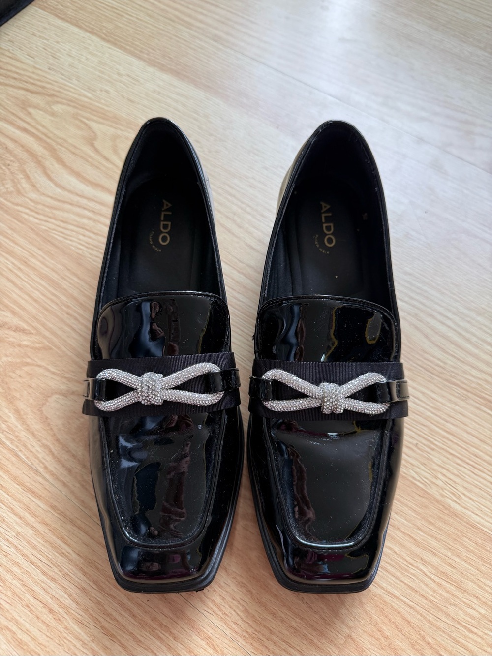 Aldo Black Patent Loafers with Crystal Bow Accent Size 8 Women’s